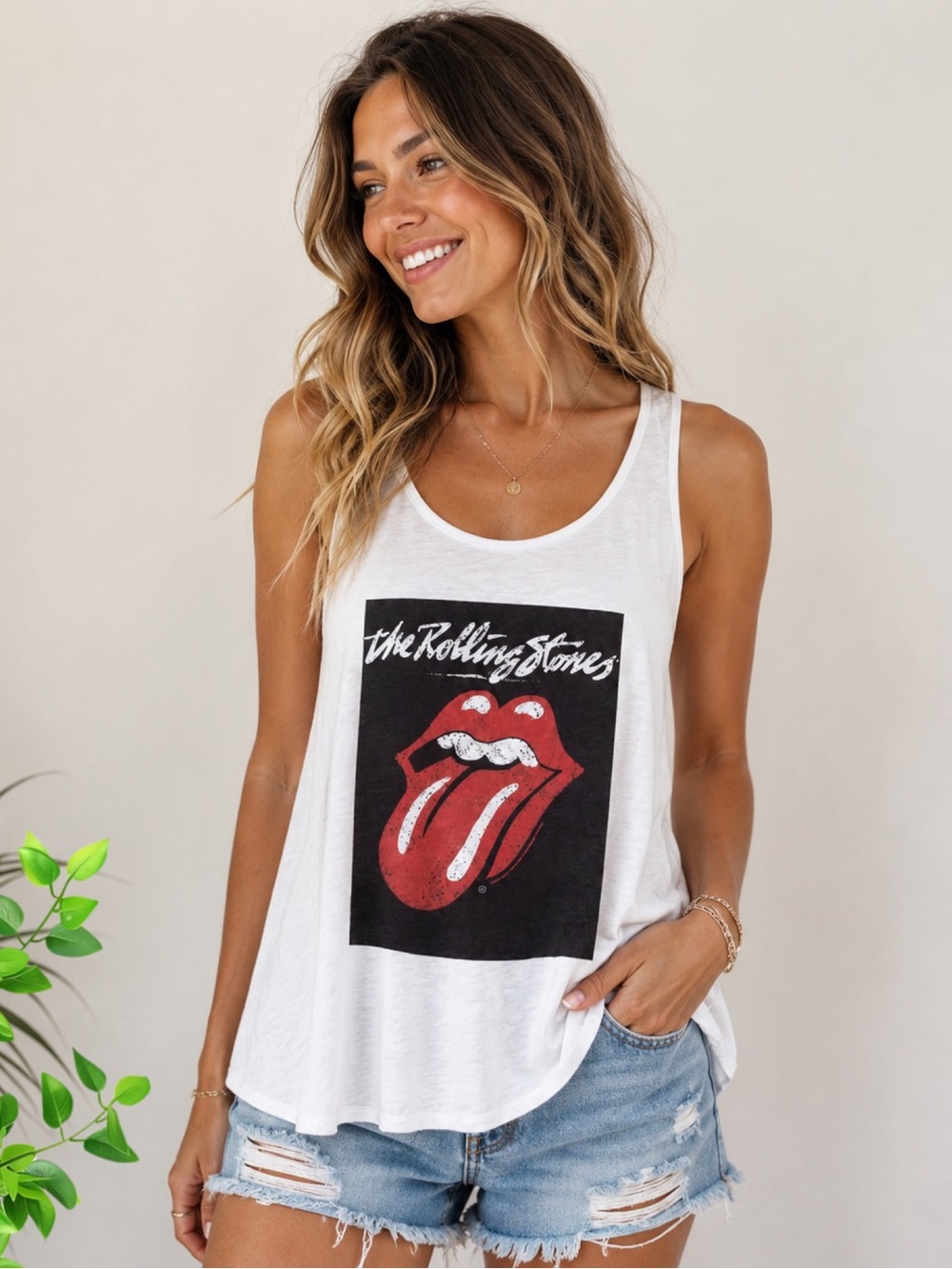 Rolling Stones Tongue Graphic Tank Top Small White Flowy Racerback Band Tee